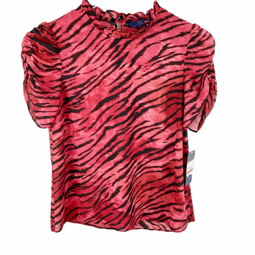 NWT RACHEL Roy October Redwood Red Zebra Ruffle Puffy Sleeve Blouse XS